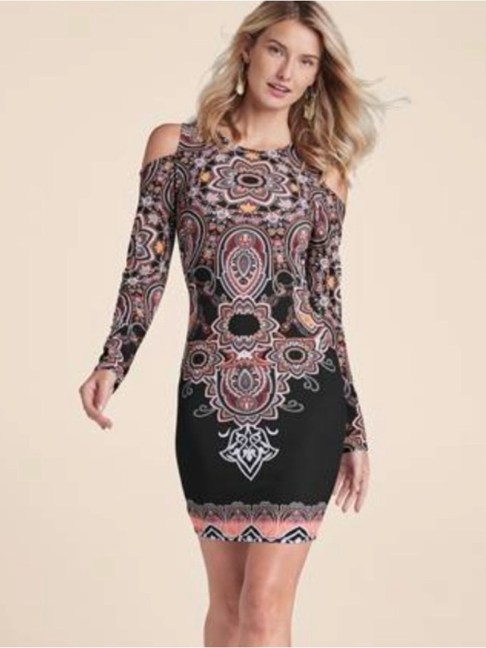 VENUS Cold-Shoulder Paisley Bodycon mini Dress in Black and Pink